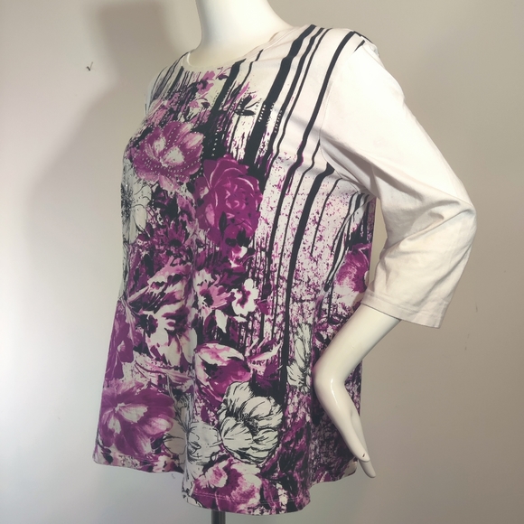 Christopher & Banks XL Purple & Black Floral 3/4 Sleeve Tee with Rhinestones - Picture 2 of 8